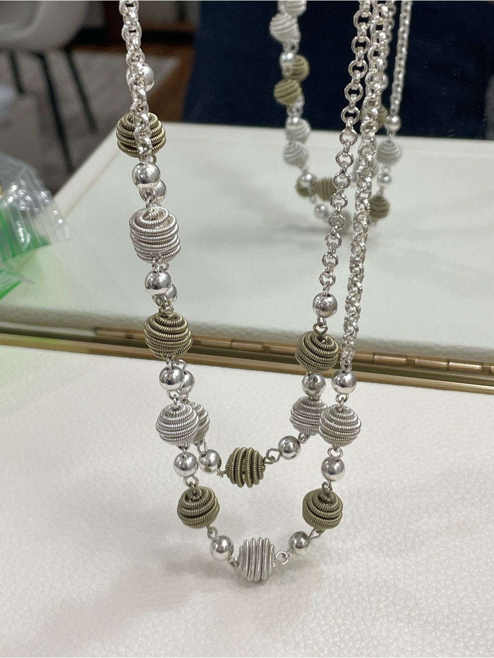 Vintage Trifari Two Tone Double Strand Coil Bead Necklace Crown Hang Tag